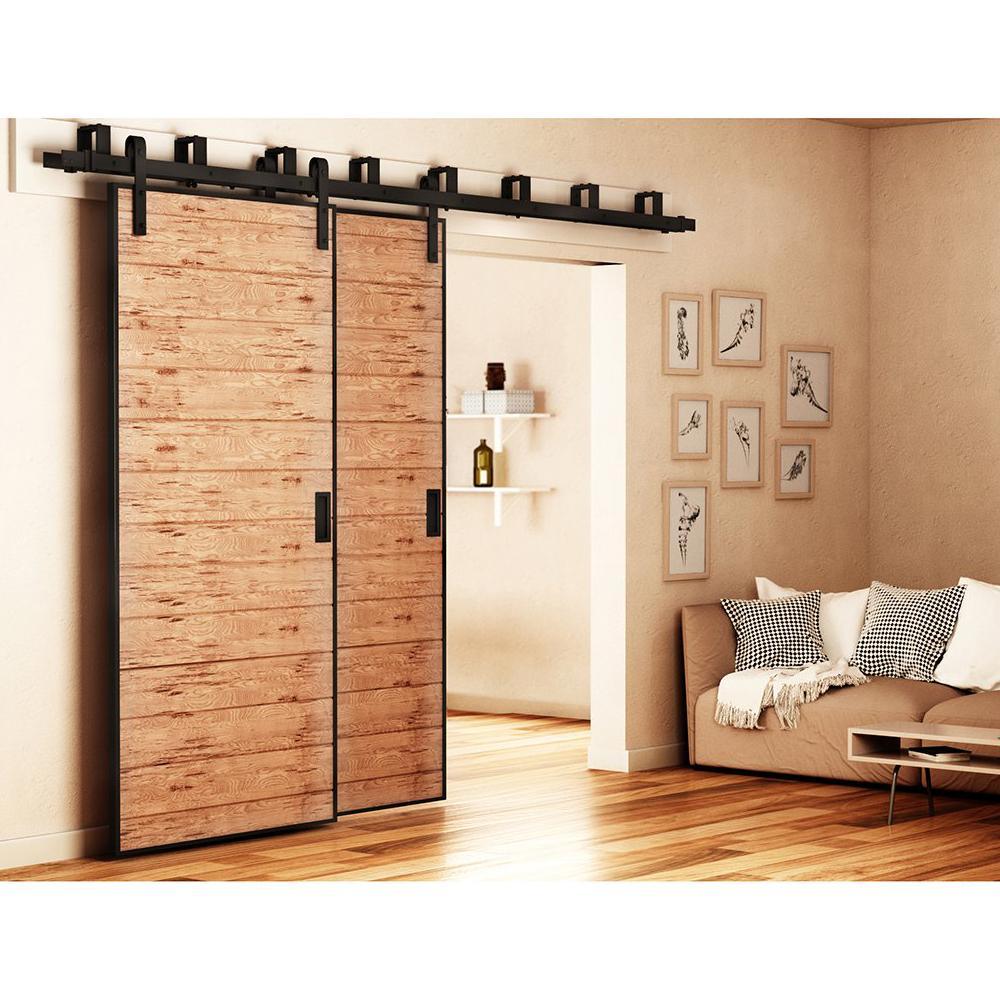 6.6 ft./79 in. Powder Coated Black Heavy-Duty Bypass Double Door Sliding Barn Door Hardware Classic Design Roller - Super Arbor