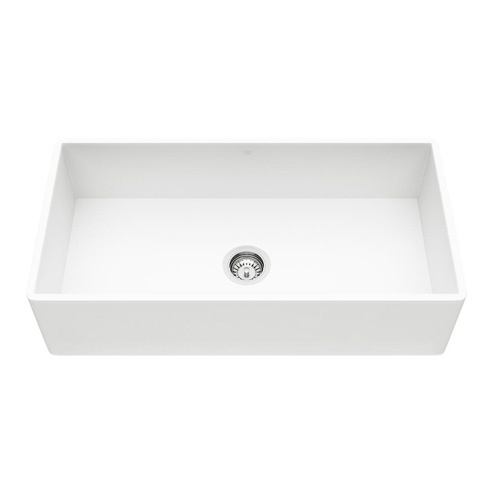 Matte Stone White Composite 33 in. Single Bowl Reversible Flat Farmhouse Apron-Front Kitchen Sink with Strainer - Super Arbor