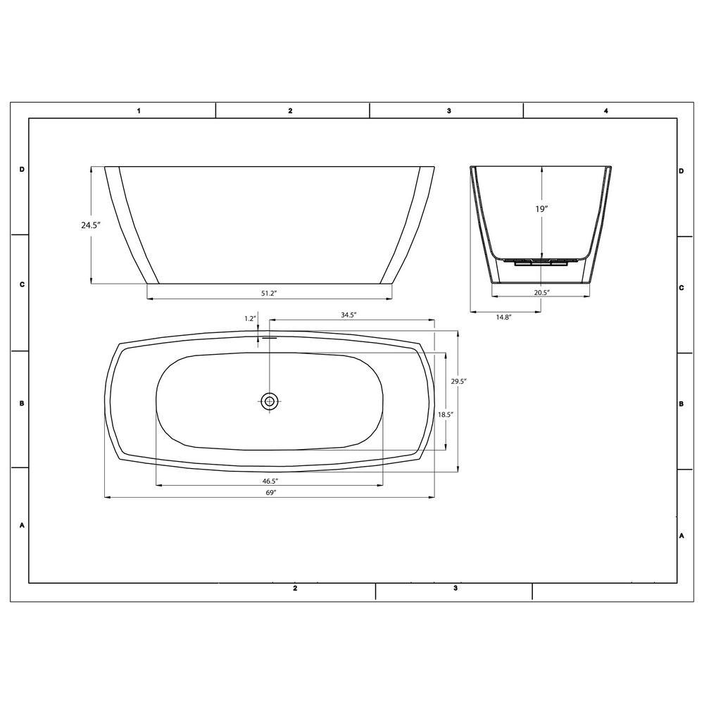 69 in. Acrylic Center Drain Rectangular Double Ended Flatbottom Freestanding Bathtub in White - Super Arbor