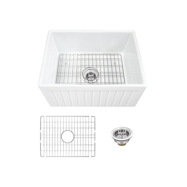 Farmhouse Apron Front Fireclay 33 in. Fluted Single Bowl Kitchen Sink in White with Grid and Strainer