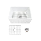 Farmhouse Apron Front Fireclay 33 in. Fluted Single Bowl Kitchen Sink in White with Grid and Strainer