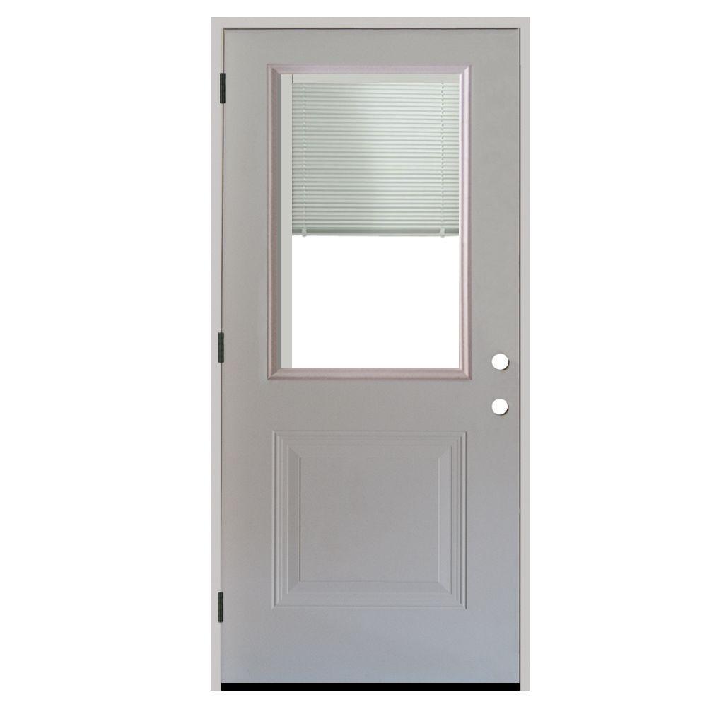 36 in. x 80 in. 1-Panel 1/2 Lite Mini-Blind Primed White Steel Prehung Front Door - Super Arbor