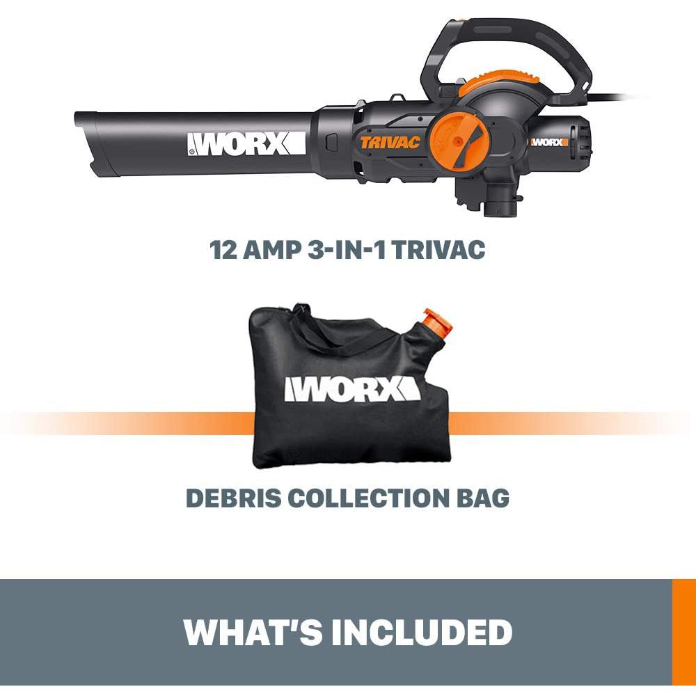 Worx TRIVAC 2.0 70 MPH 600 CFM Electric 12 Amp 3-in-1 Blower, Mulcher, Yard and Lawn Vacuum with Metal Impeller - Super Arbor