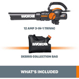 Worx TRIVAC 2.0 70 MPH 600 CFM Electric 12 Amp 3-in-1 Blower, Mulcher, Yard and Lawn Vacuum with Metal Impeller - Super Arbor