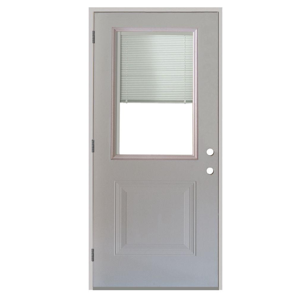 36 in. x 80 in. 1-Panel 1/2 Lite Mini-Blind Primed White Steel Prehung Front Door - Super Arbor