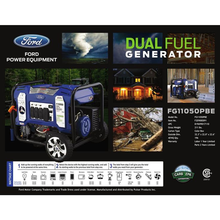 Ford 11,050/9,000-Watt Dual Fuel Gasoline/Propane Powered Electric/Recoil Start Portable Generator 457 cc CARB Compliant