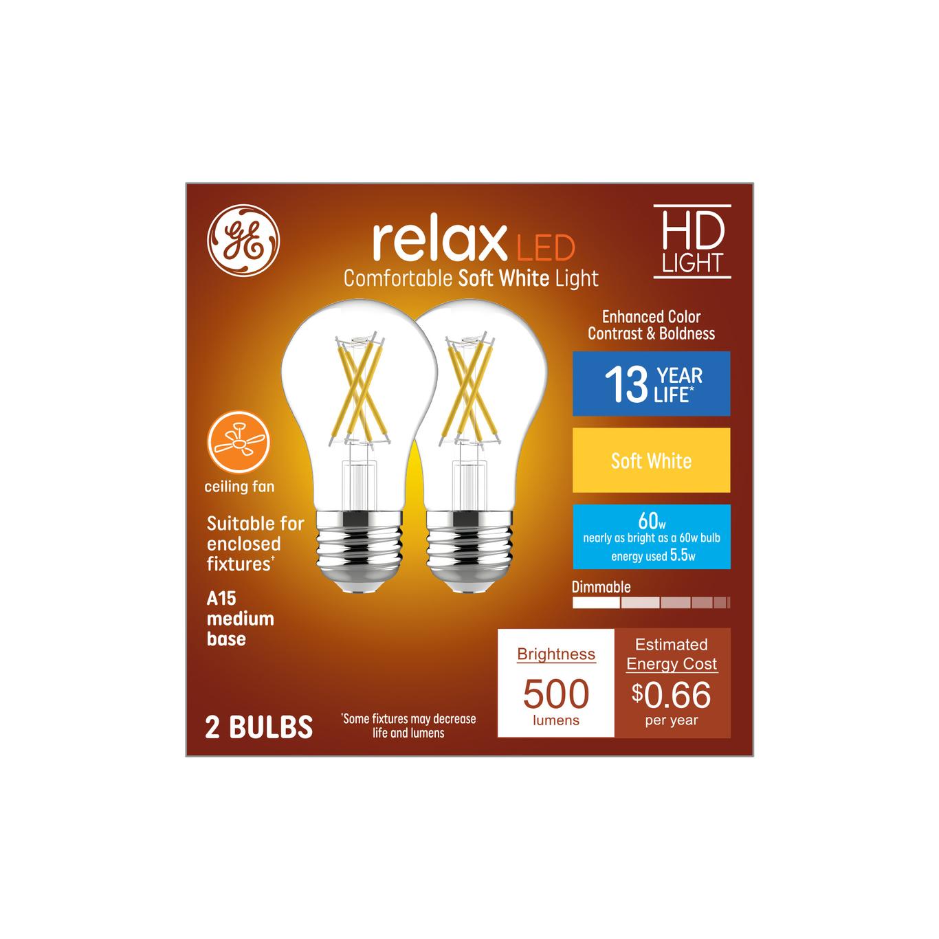GE Relax 60-Watt Replacement A15 Soft White Dimmable LED Light Bulb, Medium Base, 500 Lumens (2-Pack)