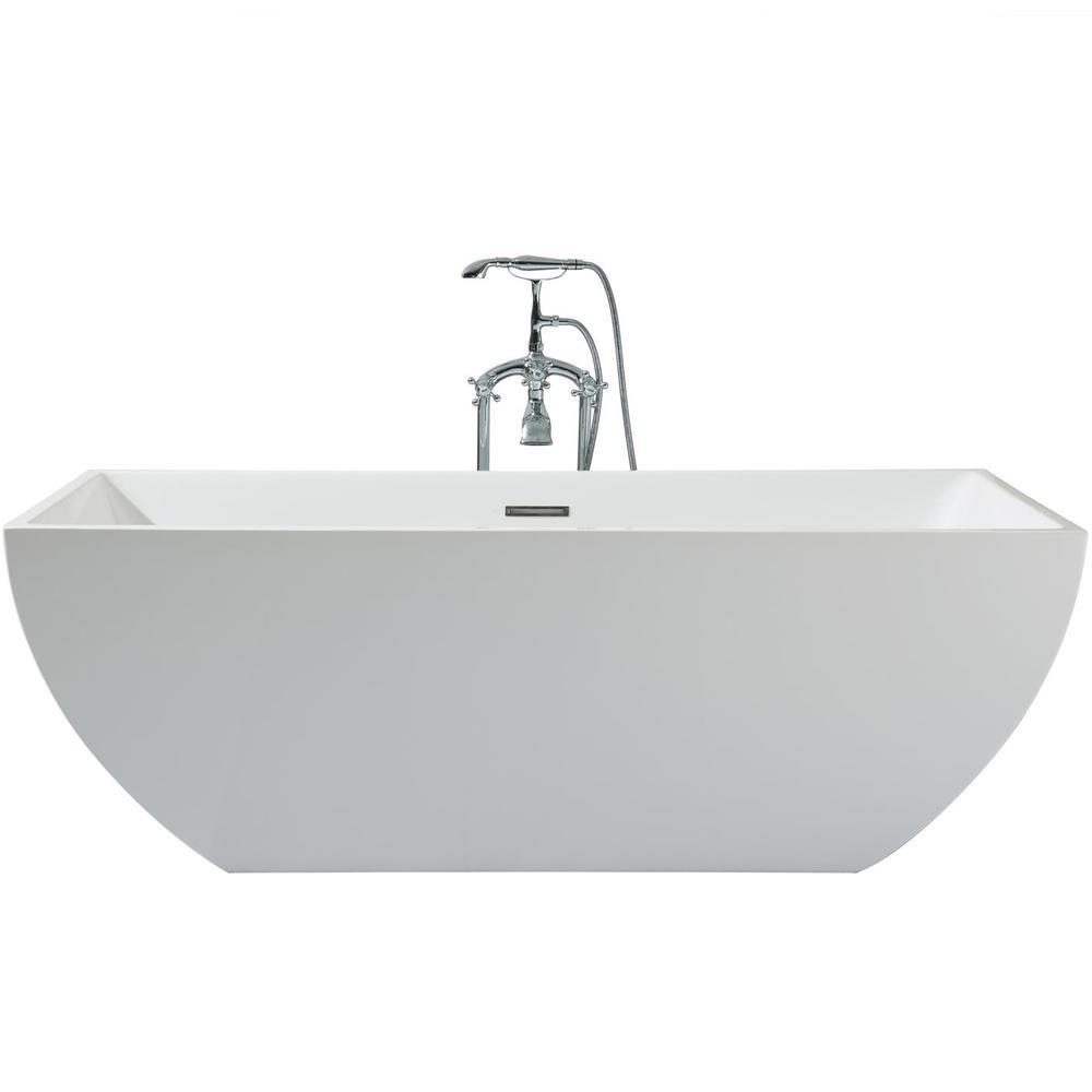 67 in. Acrylic Center Drain Rectangle Flat Bottom Freestanding Bathtub in White - Super Arbor