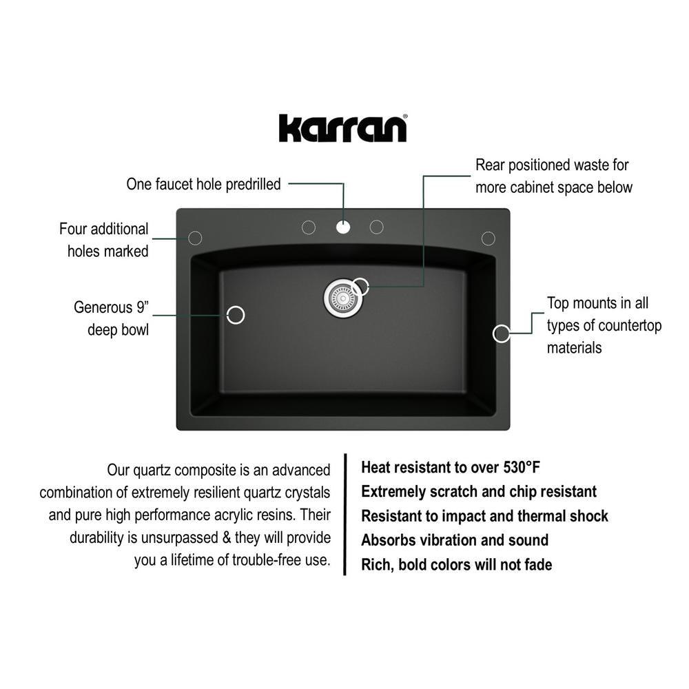 Drop-In Quartz Composite 33 in. 1-Hole Single Bowl Kitchen Sink in Black - Super Arbor