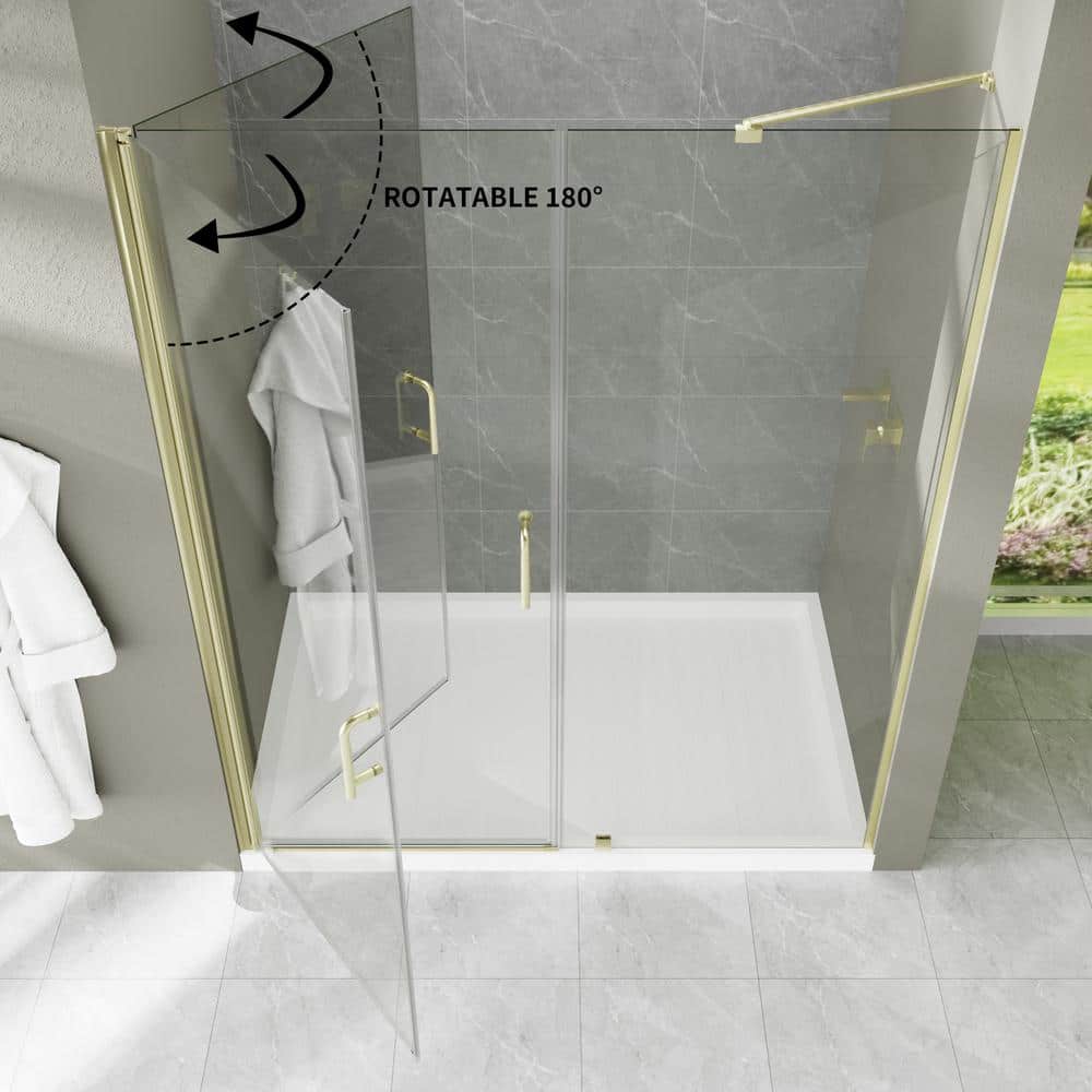 EAKYHOM 56 in. to 60 in. W x 72 in. H Pivot Semi-Frameless Shower Door in Brushed Gold Finish with Tempered Clear Glass