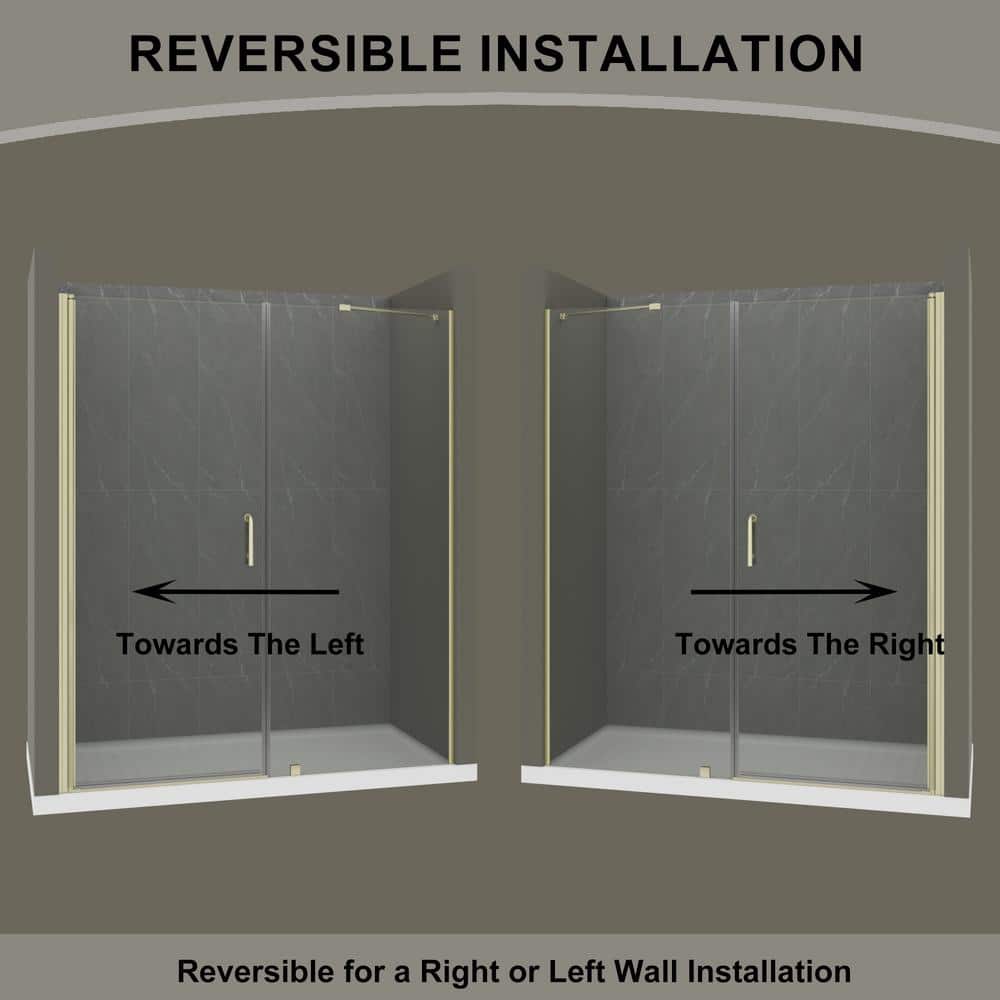 EAKYHOM 56 in. to 60 in. W x 72 in. H Pivot Semi-Frameless Shower Door in Brushed Gold Finish with Tempered Clear Glass