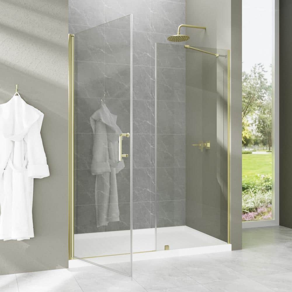EAKYHOM 56 in. to 60 in. W x 72 in. H Pivot Semi-Frameless Shower Door in Brushed Gold Finish with Tempered Clear Glass