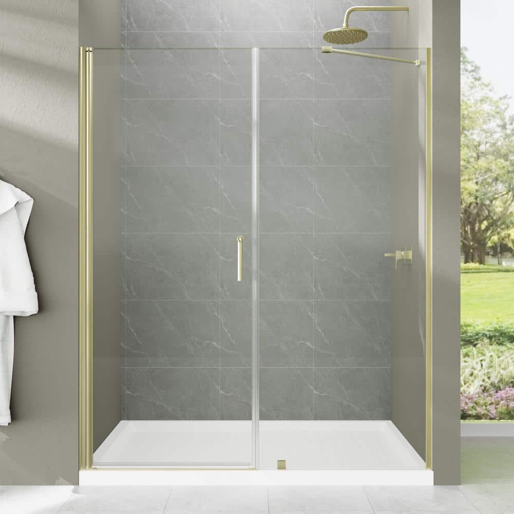 EAKYHOM 56 in. to 60 in. W x 72 in. H Pivot Semi-Frameless Shower Door in Brushed Gold Finish with Tempered Clear Glass