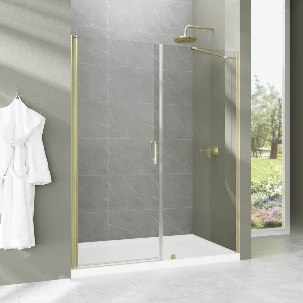 EAKYHOM 56 in. to 60 in. W x 72 in. H Pivot Semi-Frameless Shower Door in Brushed Gold Finish with Tempered Clear Glass