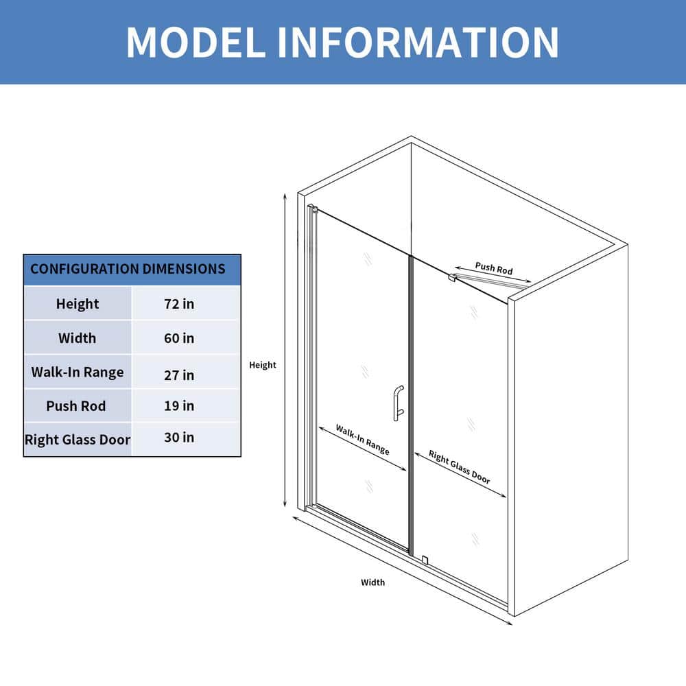 EAKYHOM 56 in. to 60 in. W x 72 in. H Pivot Semi-Frameless Shower Door in Brushed Gold Finish with Tempered Clear Glass