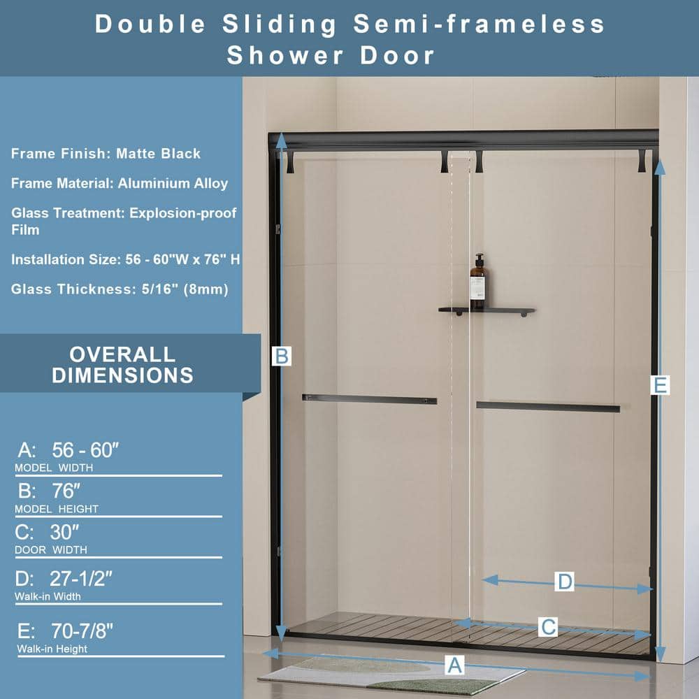 EAKYHOM 56 in. to 60 in. W x 76 in. H Double Sliding Semi-Frameless Shower Door in Matte Black Finish w/ 5/16 in. Tempered Glass