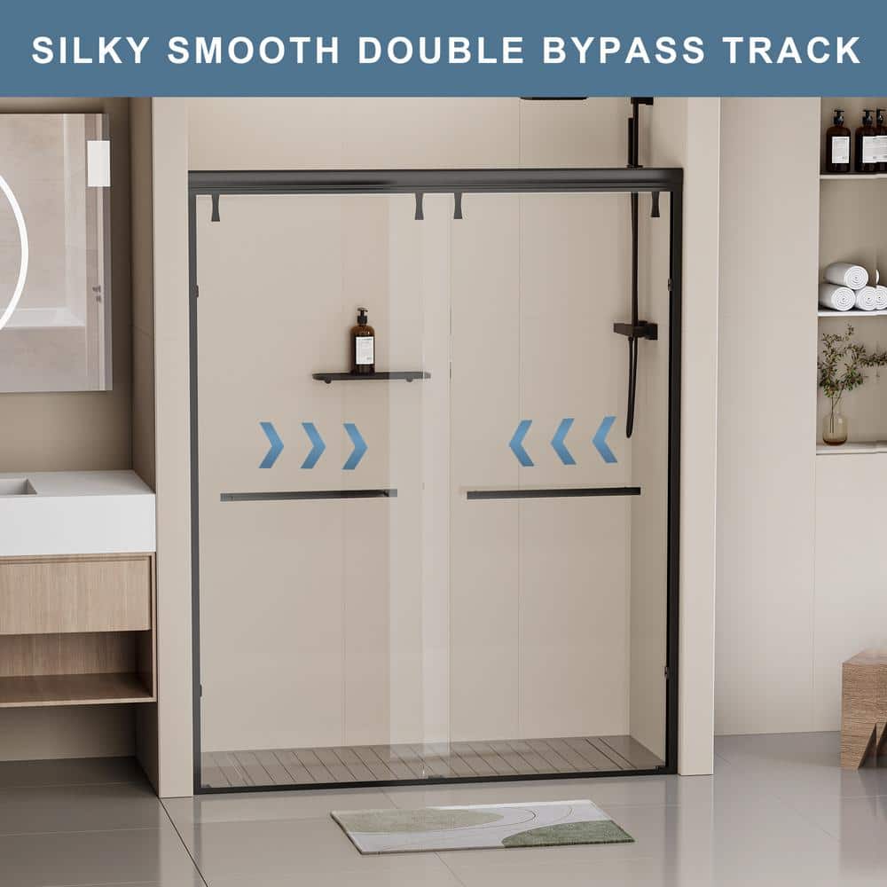 EAKYHOM 56 in. to 60 in. W x 76 in. H Double Sliding Semi-Frameless Shower Door in Matte Black Finish w/ 5/16 in. Tempered Glass
