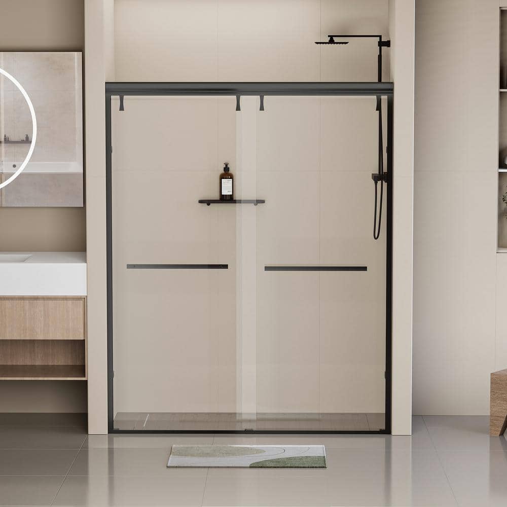 EAKYHOM 56 in. to 60 in. W x 76 in. H Double Sliding Semi-Frameless Shower Door in Matte Black Finish w/ 5/16 in. Tempered Glass