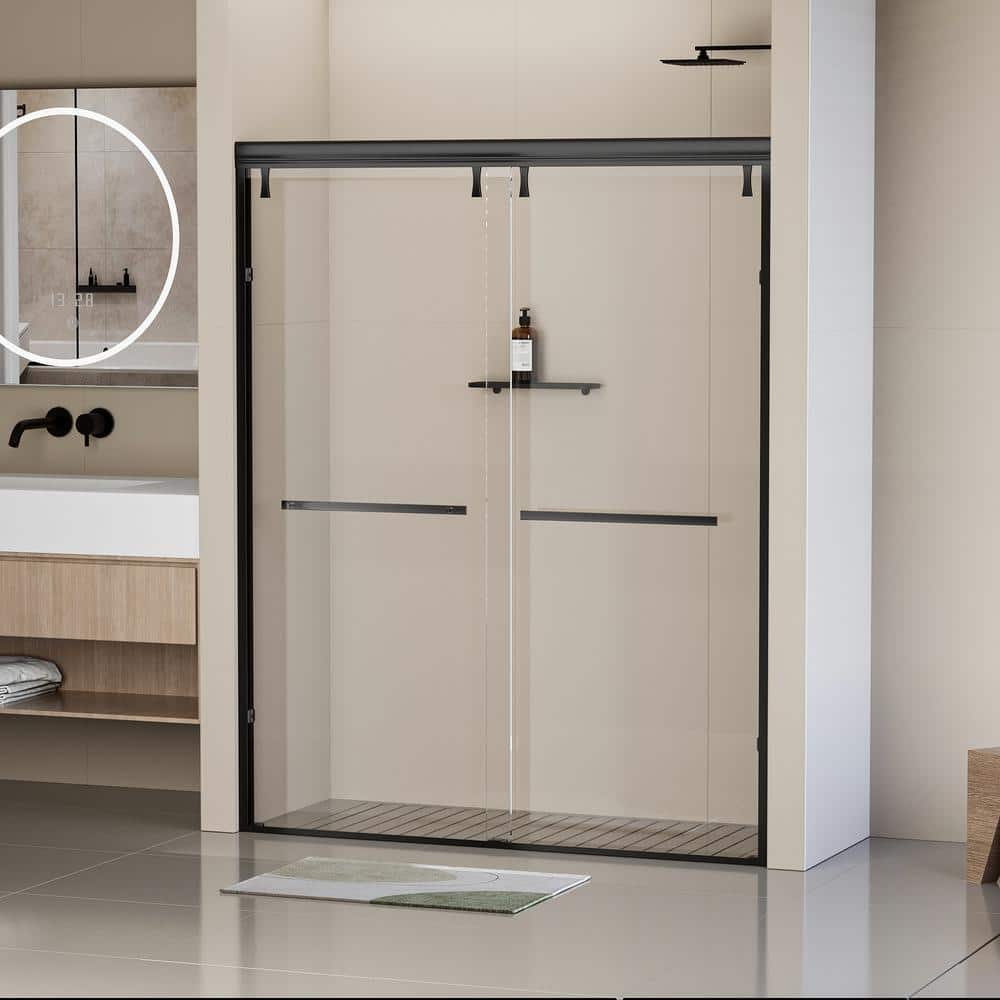 EAKYHOM 56 in. to 60 in. W x 76 in. H Double Sliding Semi-Frameless Shower Door in Matte Black Finish w/ 5/16 in. Tempered Glass