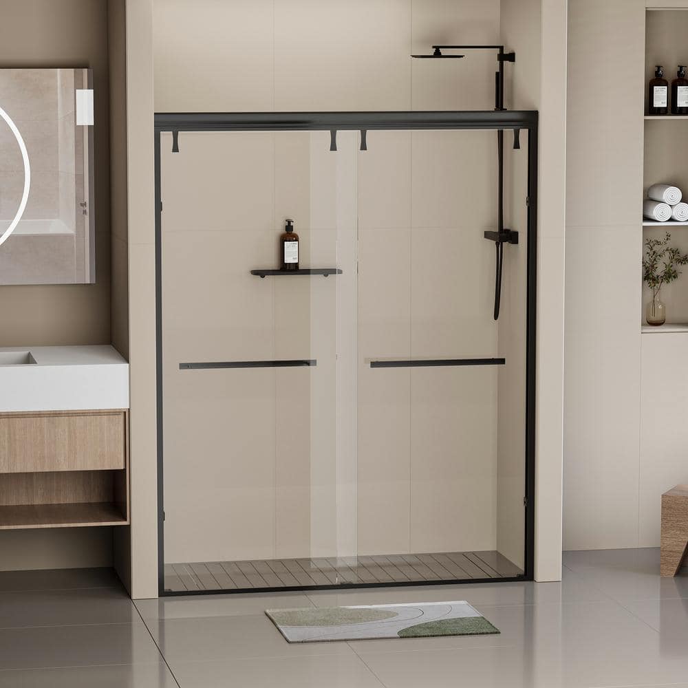 EAKYHOM 56 in. to 60 in. W x 76 in. H Double Sliding Semi-Frameless Shower Door in Matte Black Finish w/ 5/16 in. Tempered Glass