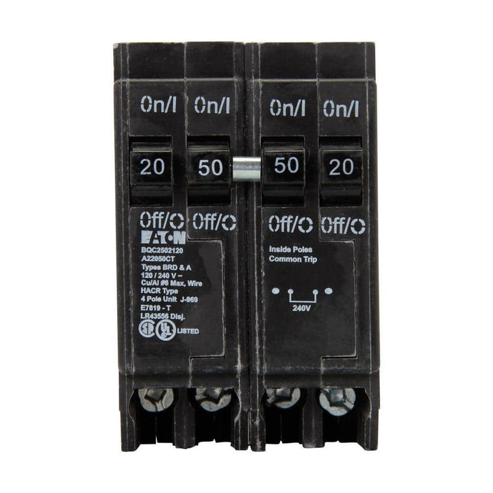 Eaton BR 1- 50 Amp 2-Pole and 2-20 Amp 1 Pole BQC (Common Trip) Quad Circuit Breaker
