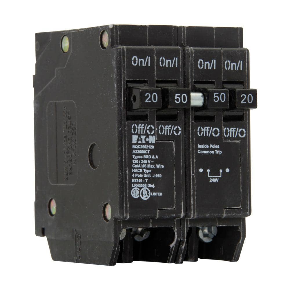 Eaton BR 1- 50 Amp 2-Pole and 2-20 Amp 1 Pole BQC (Common Trip) Quad Circuit Breaker