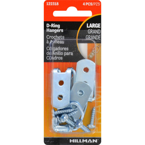 Hillman AnchorWire Large D-Ring Picture Hangers, Zinc-Plated Steel, 4-Pack
