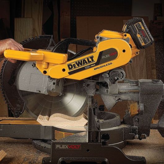 FLEXVOLT 120-Volt MAX Lithium-Ion Cordless Brushless 12 in. Sliding Miter Saw w/ (2) Batteries 2Ah and Bonus Radio
