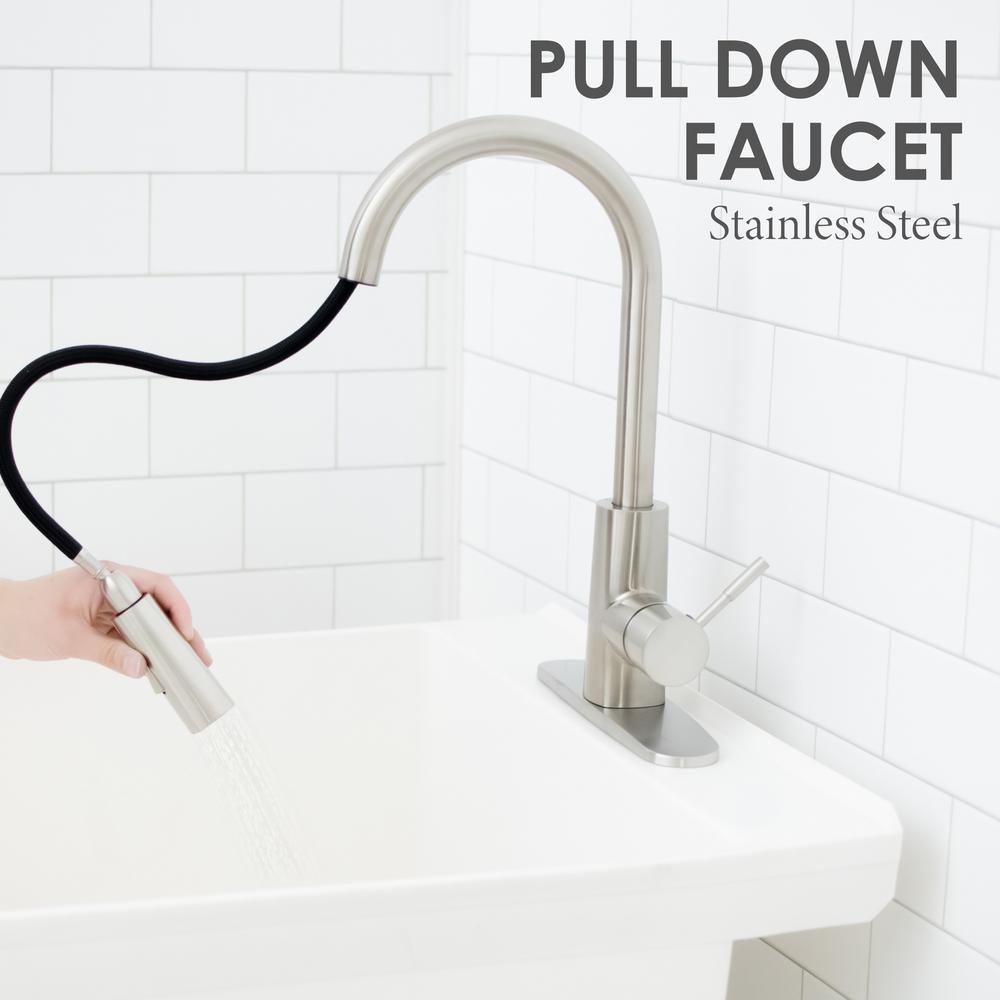 Complete 22.875 in. x 23.5 in. White 19 Gal. Utility Sink Set with Metal Hybrid Stainless Steel Pull-Down Faucet - Super Arbor