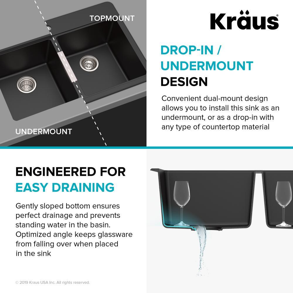 Drop-in/Undermount Granite Composite 33 in. 1-Hole 50/50 Double Basin Kitchen Sink Kit in Black Onyx - Super Arbor