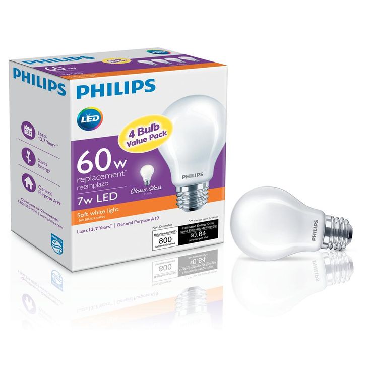 Philips 60-Watt Equivalent A19 Non-Dimmable Energy Saving Frosted Classic Glass LED Light Bulb Soft White (2700K) (4-Pack)