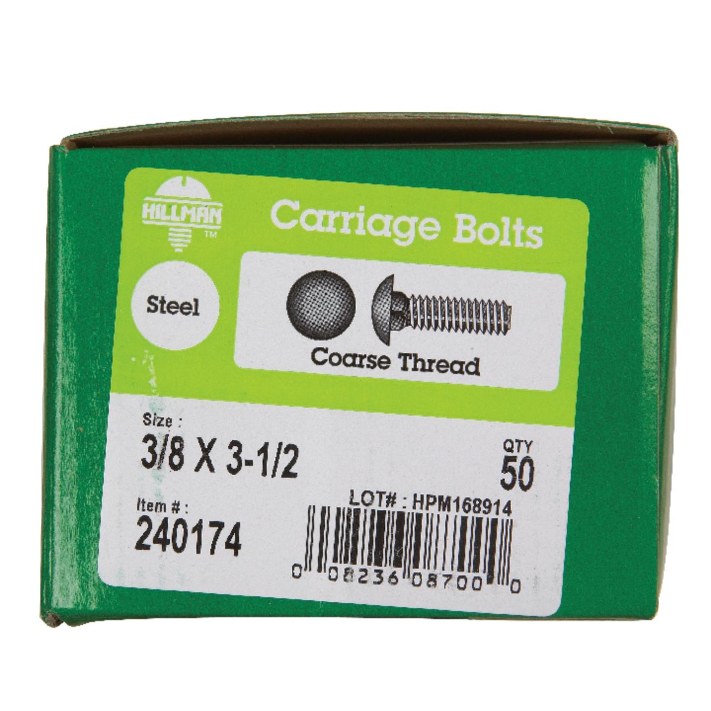 Hillman 3/8 in. x 3-1/2 in. Zinc-Plated Steel Carriage Bolt, Coarse Thread, 50-Pack