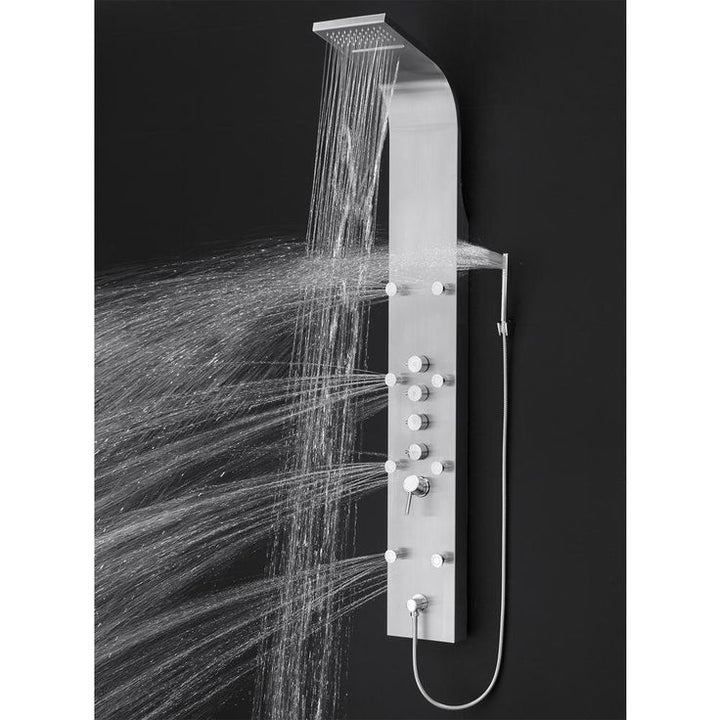 65 in. 8-Jet Rainfall Shower Panel System with Rainfall Waterfall Shower Head and Shower Wand in Stainless Steel