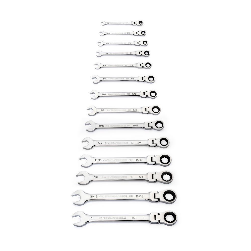 90-Tooth 12-Point Flex Head Ratcheting Combination SAE Wrench Set (14-Piece) - Super Arbor