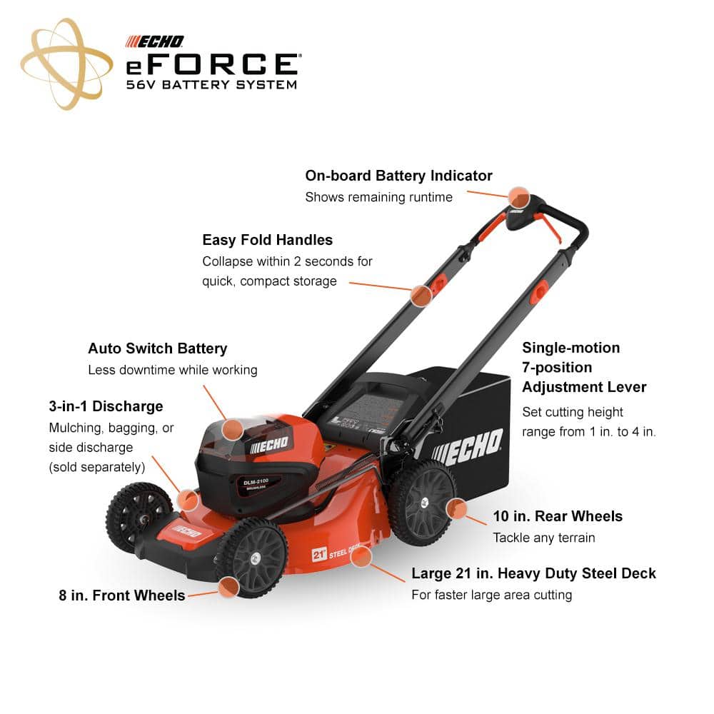ECHO eFORCE 21 in. 56-Volt Cordless Battery Walk Behind Push Lawn Mower Tool Only