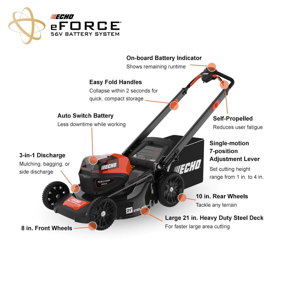 ECHO eFORCE 21 in. 56V Cordless Battery Walk Behind Self-Propelled Lawn Mower with Two 5.0 Ah Batteries/Rapid Charger