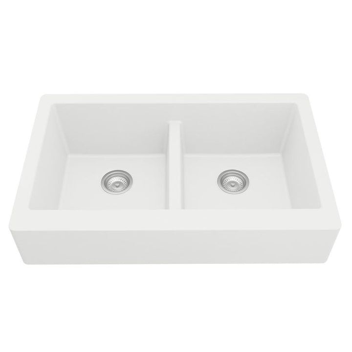 Retrofit Farmhouse Apron Front Quartz Composite 34 in. Double Bowl Kitchen Sink in White