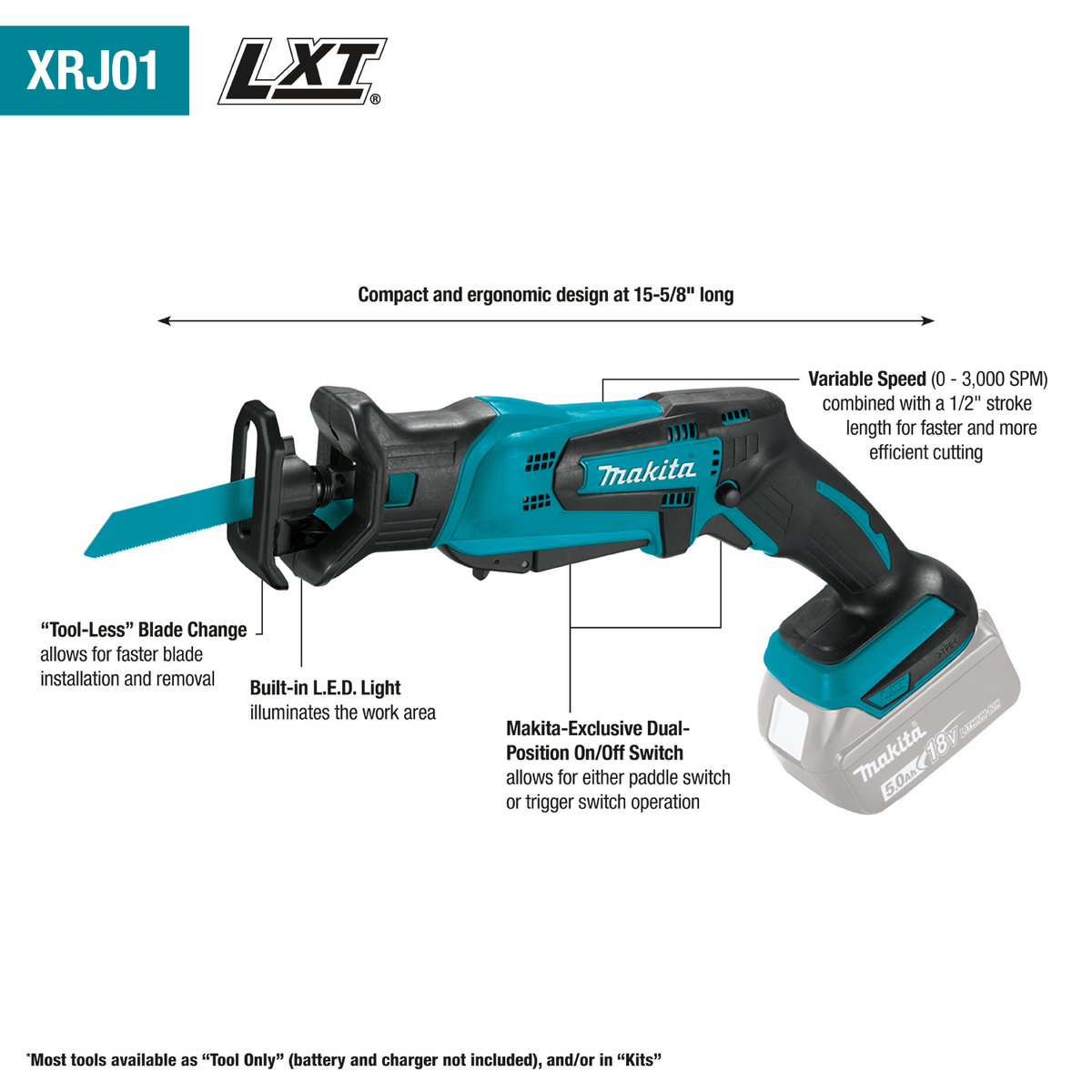 Makita 18V LXT Lithium‑Ion Cordless Compact Reciprocating Saw with Built‑in LED, Variable Speed, Tool‑Only (XRJ01Z)