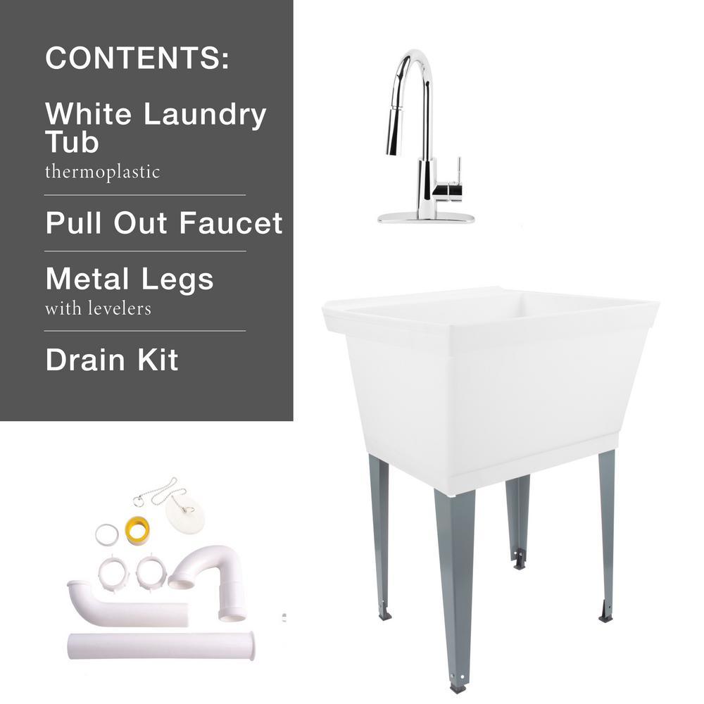 Complete 22.875 in. x 23.5 in. White 19 Gal. Utility Sink Set with Metal Hybrid Stainless Steel Pull-Down Faucet - Super Arbor