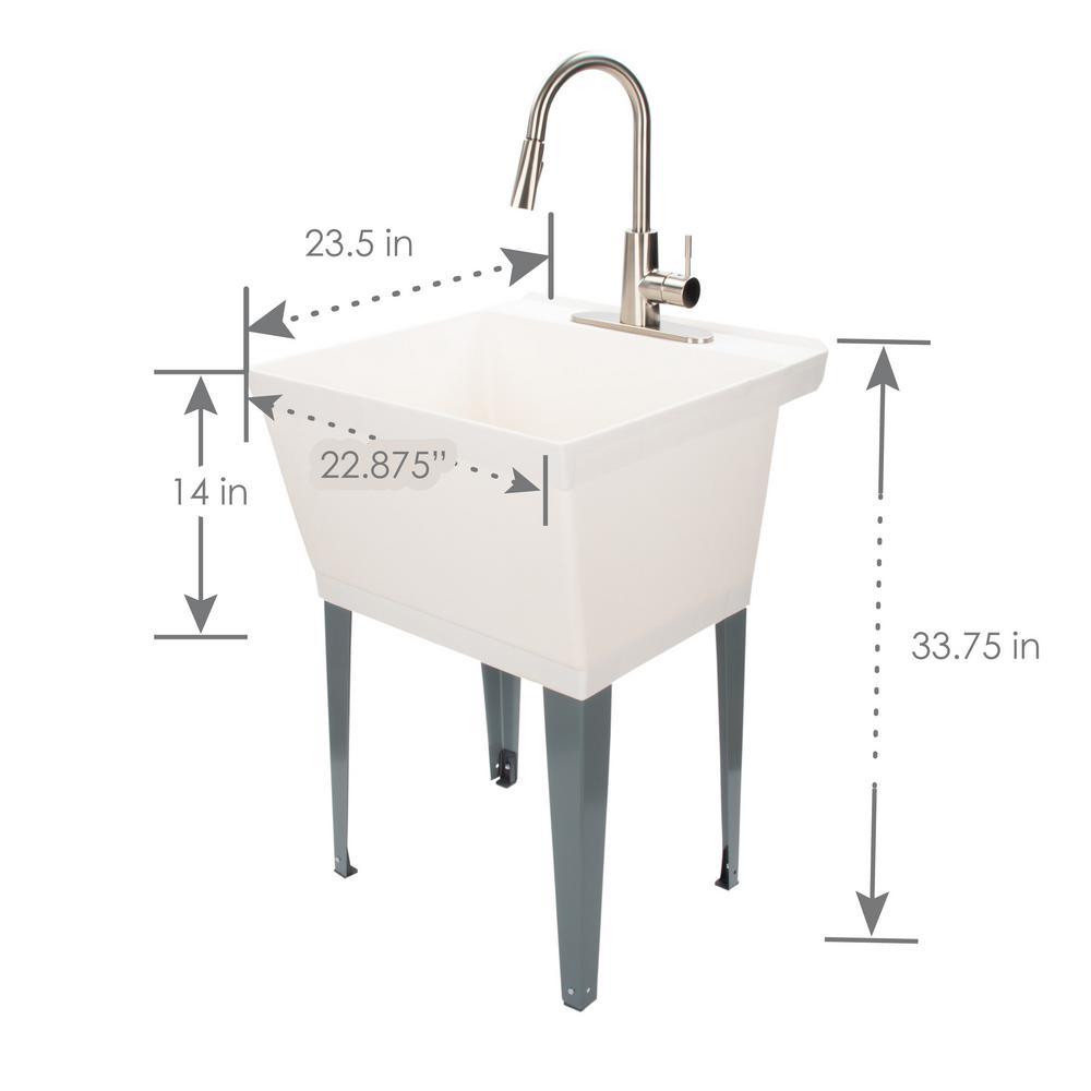 Complete 22.875 in. x 23.5 in. White 19 Gal. Utility Sink Set with Metal Hybrid Stainless Steel Pull-Down Faucet - Super Arbor