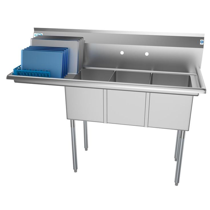 Freestanding Stainless Steel 55 in. 2-Hole Triple Bowl Commercial Kitchen Sink