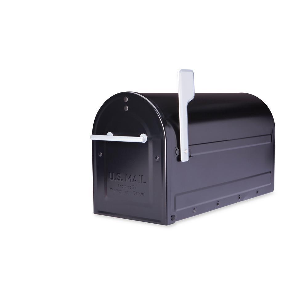 Boulder Post Mount Mailbox Black with Premium Silver Handle and Silver Flag - Super Arbor