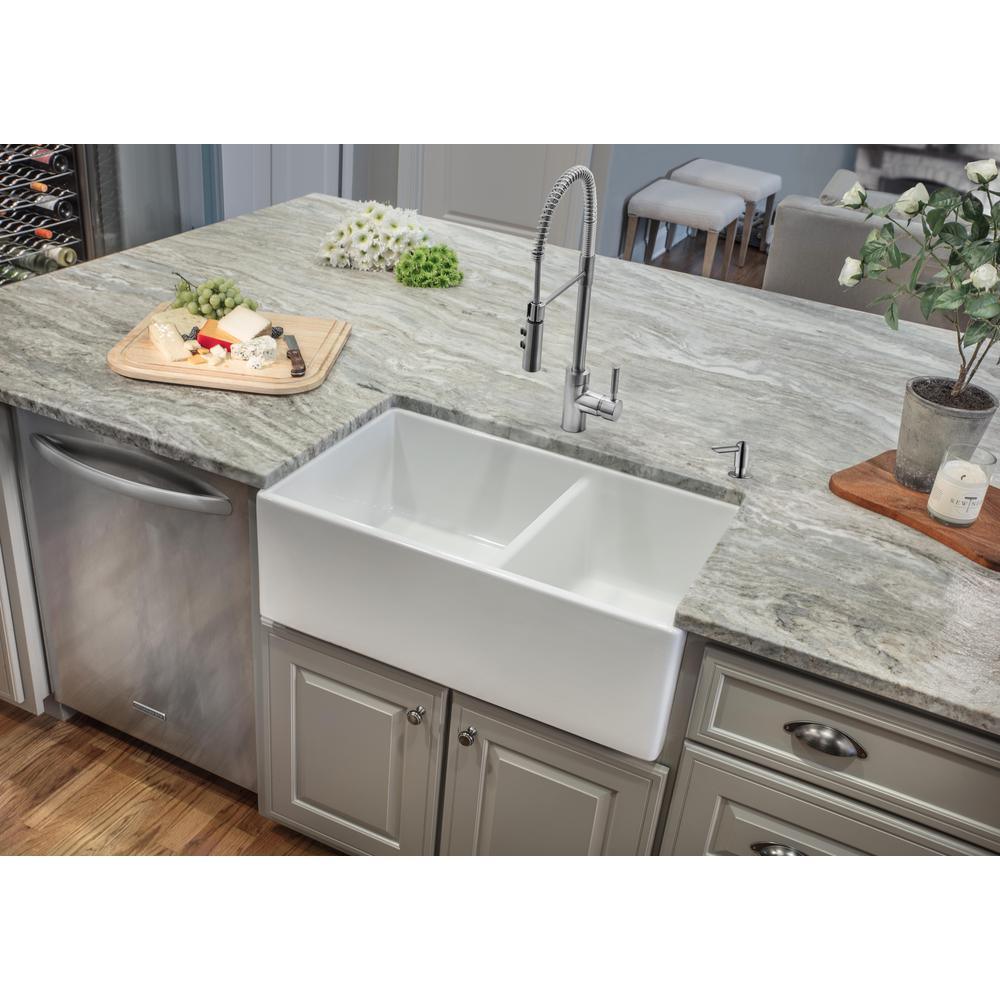 Farmhouse Apron Front Fireclay 33 in. 60/40 Double Bowl Kitchen Sink in White with Grids and Strainers - Super Arbor