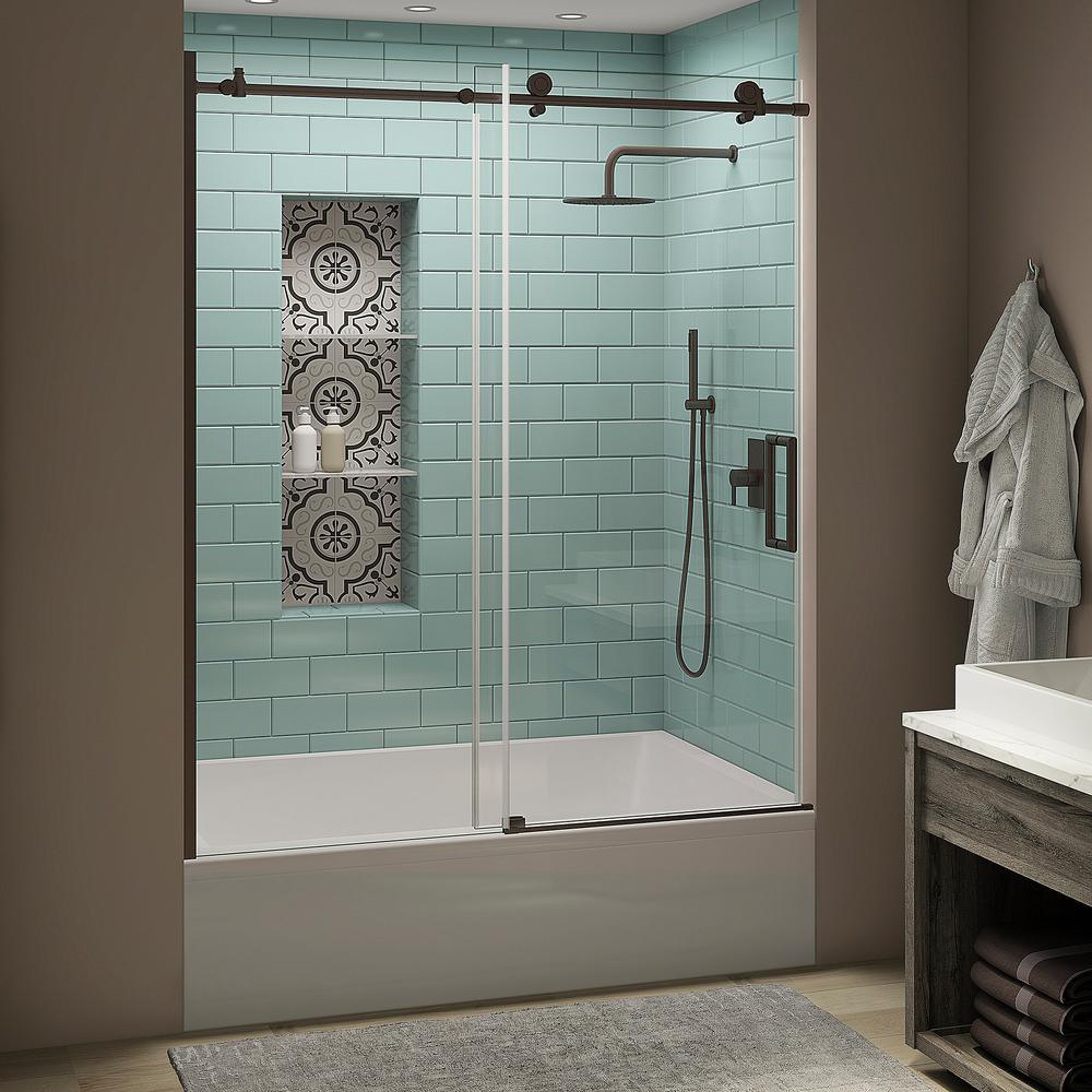 Coraline XL 56 - 60 in. x 70 in. Frameless Sliding Tub Door with StarCast Clear Glass in Stainless Steel, Left Opening - Super Arbor