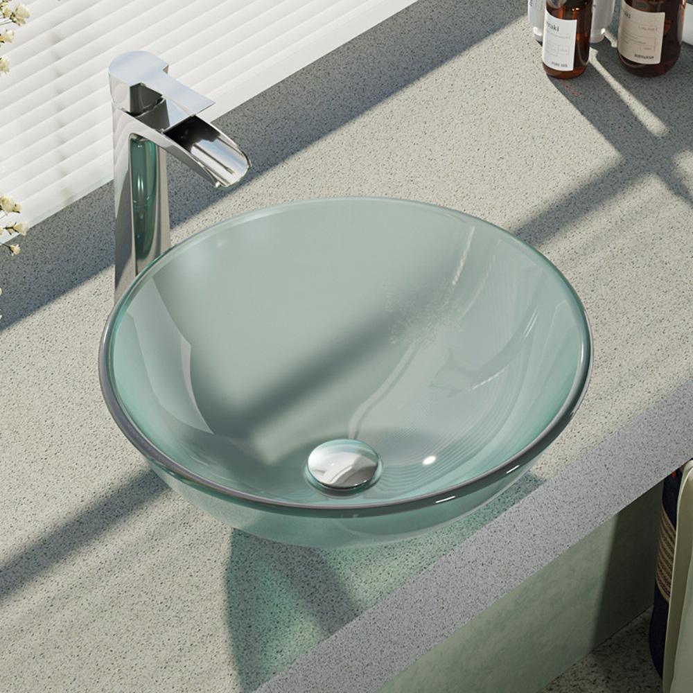 Glass Vessel Sink in Crystal with R9-7007 Faucet and Pop-Up Drain in Chrome - Super Arbor