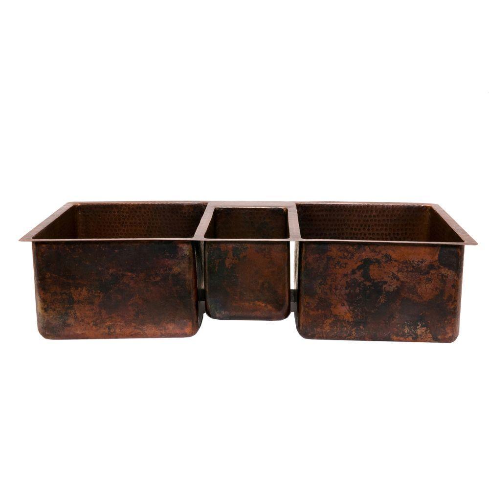 All-in-One Undermount Hammered Copper 42 in. 0-Hole Triple Bowl Kitchen Sink in Oil Rubbed Bronze - Super Arbor