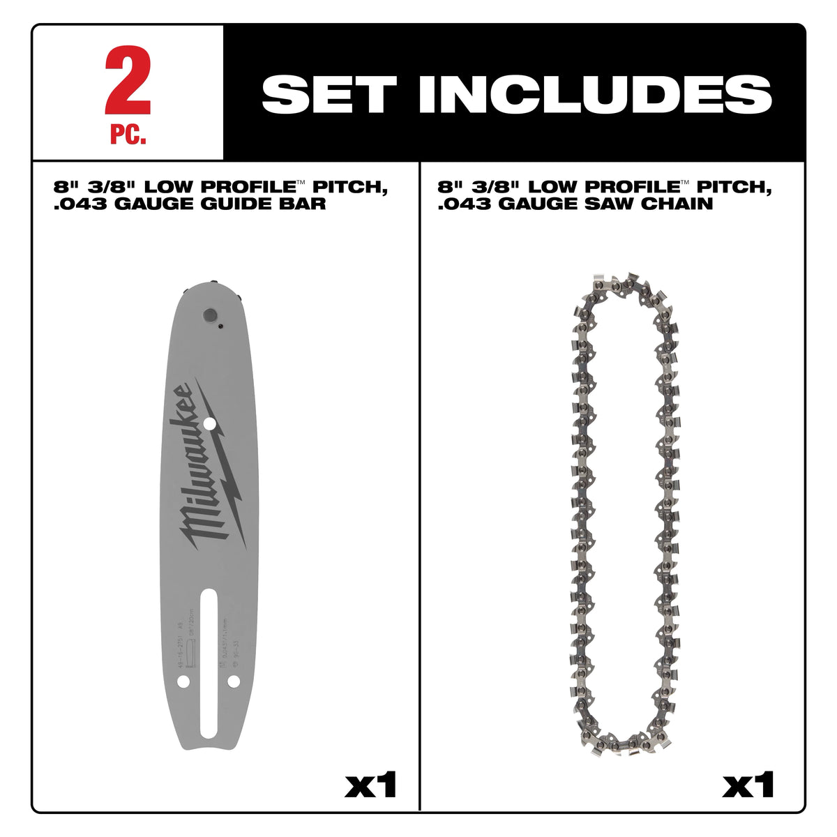 Milwaukee 8 in. Chainsaw Bar & Chain Combo, 3/8 in. Low Profile Pitch, .043 in. Gauge (2-Piece Set)