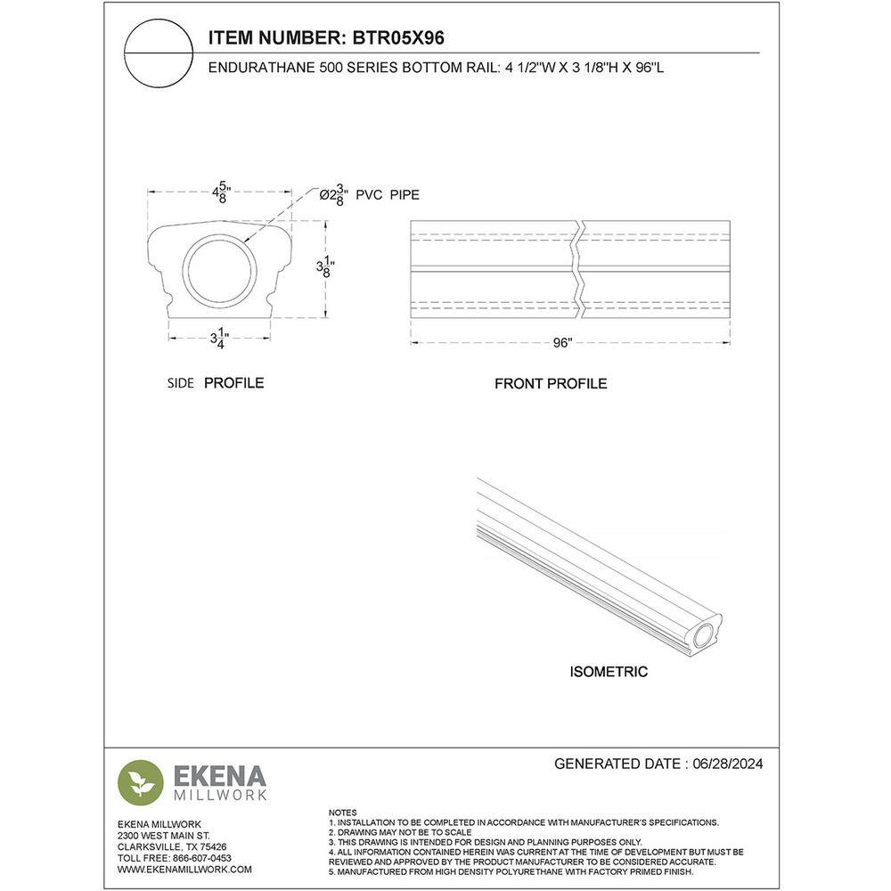 Ekena Millwork Endurathane 500 Series 3.125 in. H x 96 in. W White Resin Stair Railing Kit
