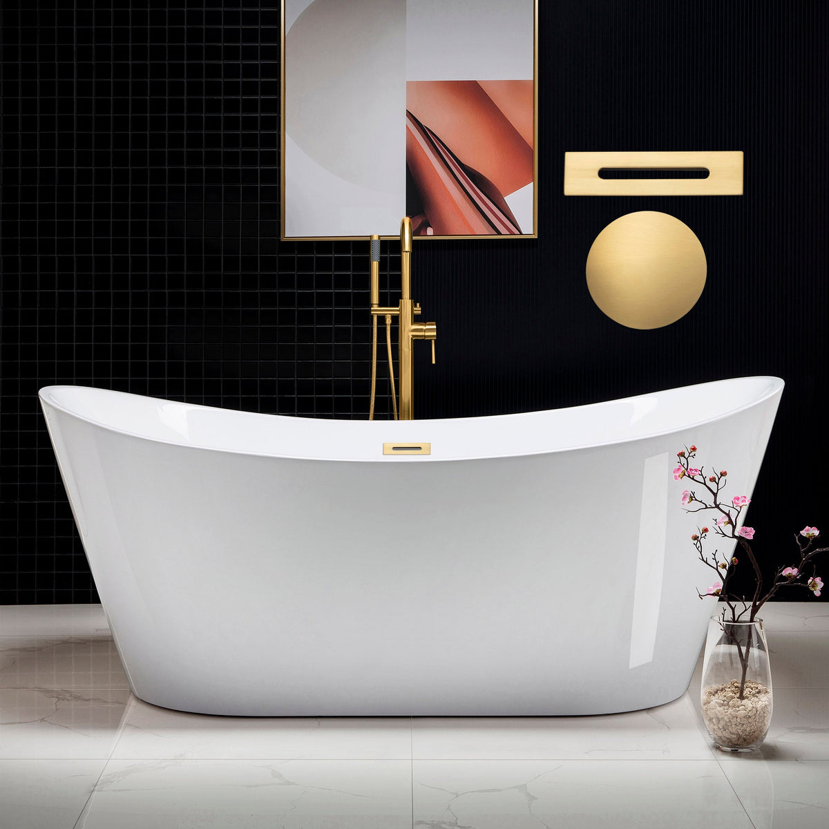 Greenfield 71 in. Acrylic FlatBottom Double Slipper Bathtub with Brushed Gold Overflow and Drain Included in White