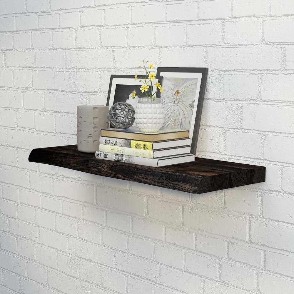 Interbuild Solid 2.3 ft. L x 10 in. D x 1.5 in. T, Acacia Butcher Block Floating Wall Shelf, Espresso with Live Edge